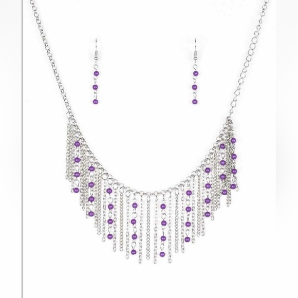 paparazzi Jewelry - NWT Harlem Hideaway Paparazzi Silver Purple tassel chain necklace earrings set